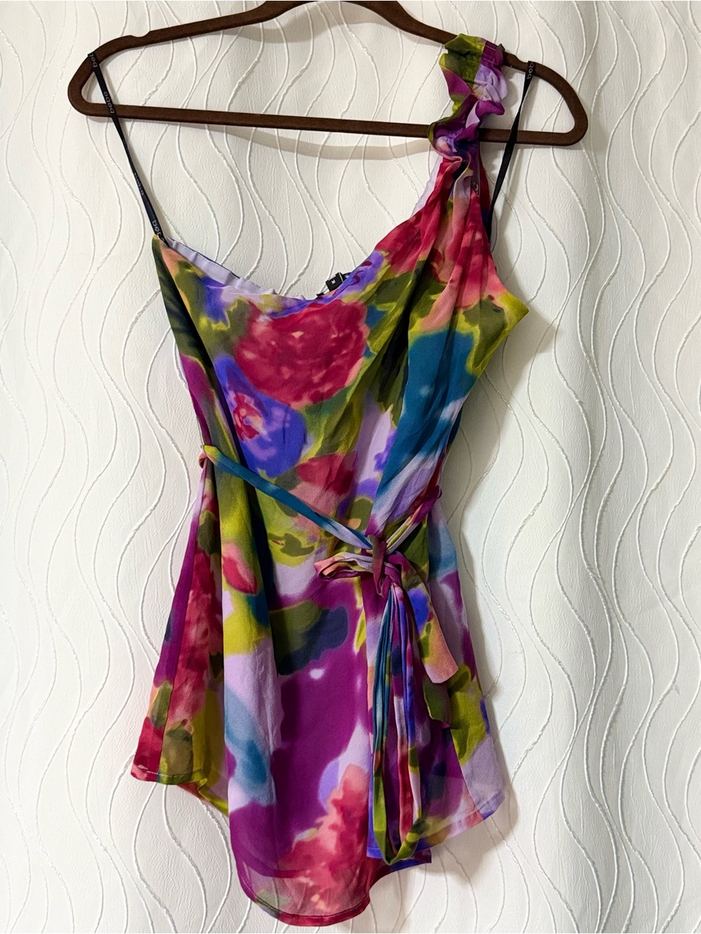 bebe Multicolor Floral One-Shoulder Silk Top